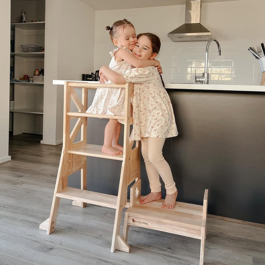 My Duckling New Deluxe Solid Wood Adjustable Learning Tower - Flag with Duck Stool Handle