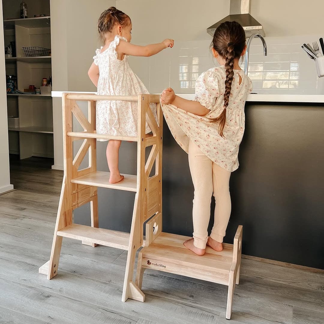 My Duckling New Deluxe Solid Wood Adjustable Learning Tower - Flag with Duck Stool Handle