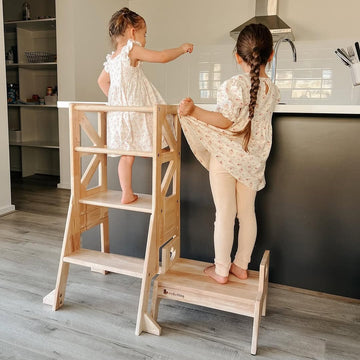 My Duckling New Deluxe Solid Wood Adjustable Learning Tower - Flag with Duck Stool Handle
