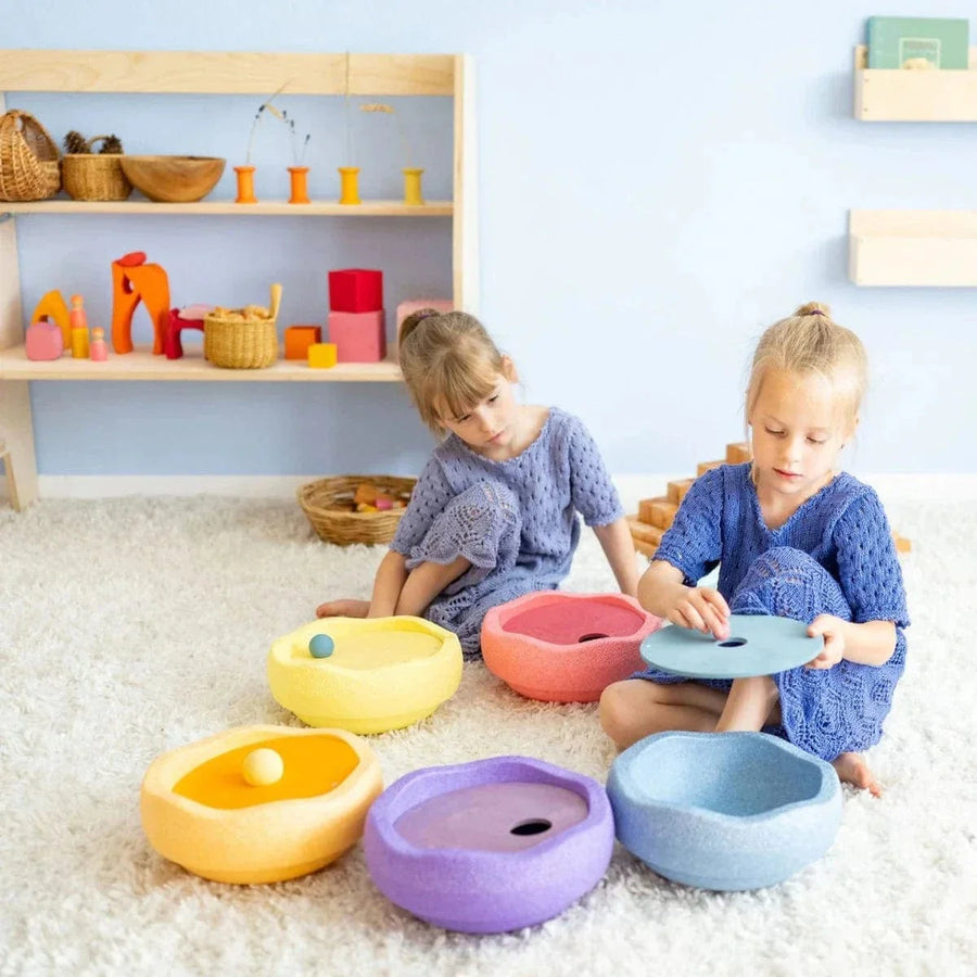 Grimm's x Stapelstein Set - Original Rainbow Complete Pastel Set of 8 + Grimm's Rolling Disc Set