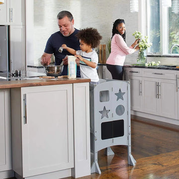 Guidecraft Classic Kitchen Helper Stool with 2 Keepers-Grey