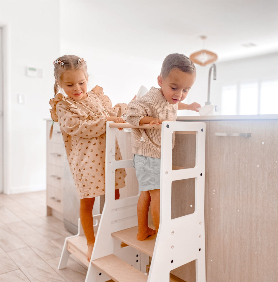 My Duckling Adjustable Learning Tower with Stool – White + Natural (Mid August Pre-Order)