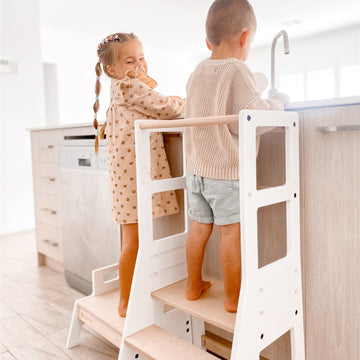 My Duckling Adjustable Learning Tower with Stool – White + Natural (Mid August Pre-Order)