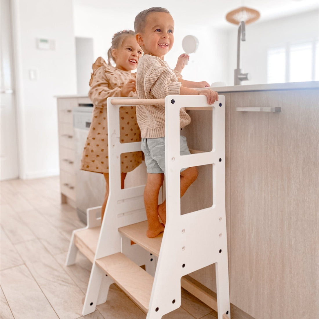 My Duckling Adjustable Learning Tower with Stool – White + Natural (Mid August Pre-Order)
