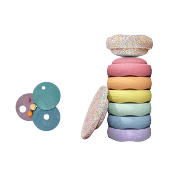 Grimm's x Stapelstein Set - Original Rainbow Complete Pastel Set of 8 + Grimm's Rolling Disc Set