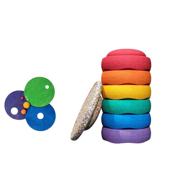 Grimm's x Stapelstein Set - Original Rainbow Classic Set of 7 + Grimm's Rolling Disc Set