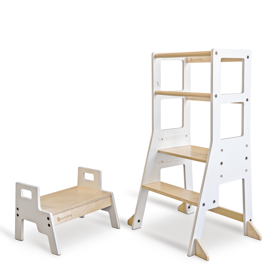 My Duckling Adjustable Learning Tower with Stool – White + Natural (Mid August Pre-Order)