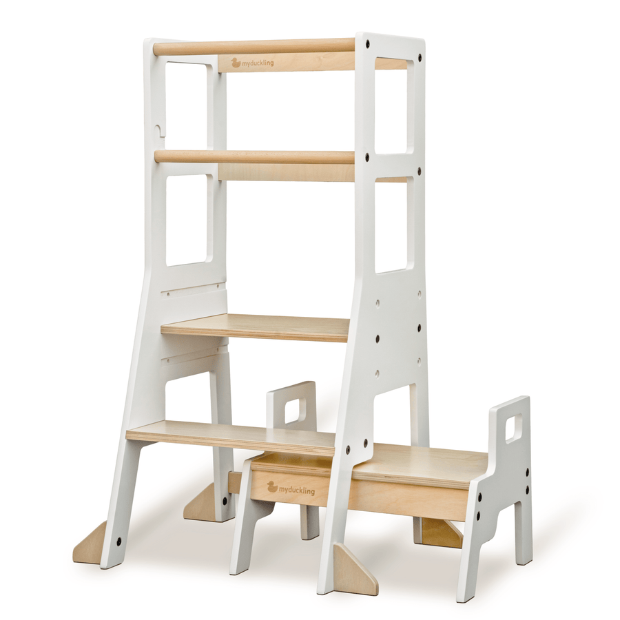 My Duckling Adjustable Learning Tower with Stool – White + Natural (Mid August Pre-Order)
