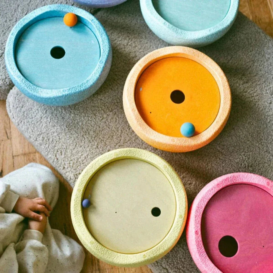Grimm's x Stapelstein Set - Original Rainbow Complete Pastel Set of 8 + Grimm's Rolling Disc Set
