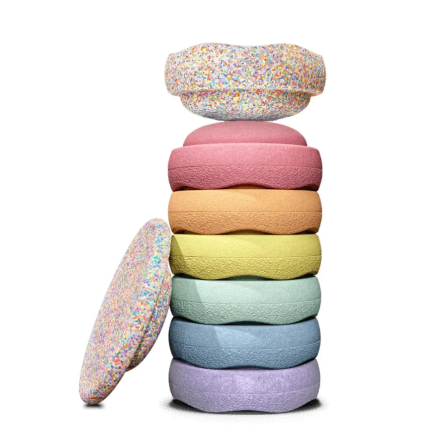 Grimm's x Stapelstein Set - Original Rainbow Complete Pastel Set of 8 + Grimm's Rolling Disc Set