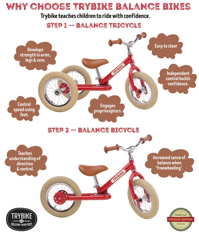 Trybike 2 in 1 Vintage Steel Balance Bike - Red